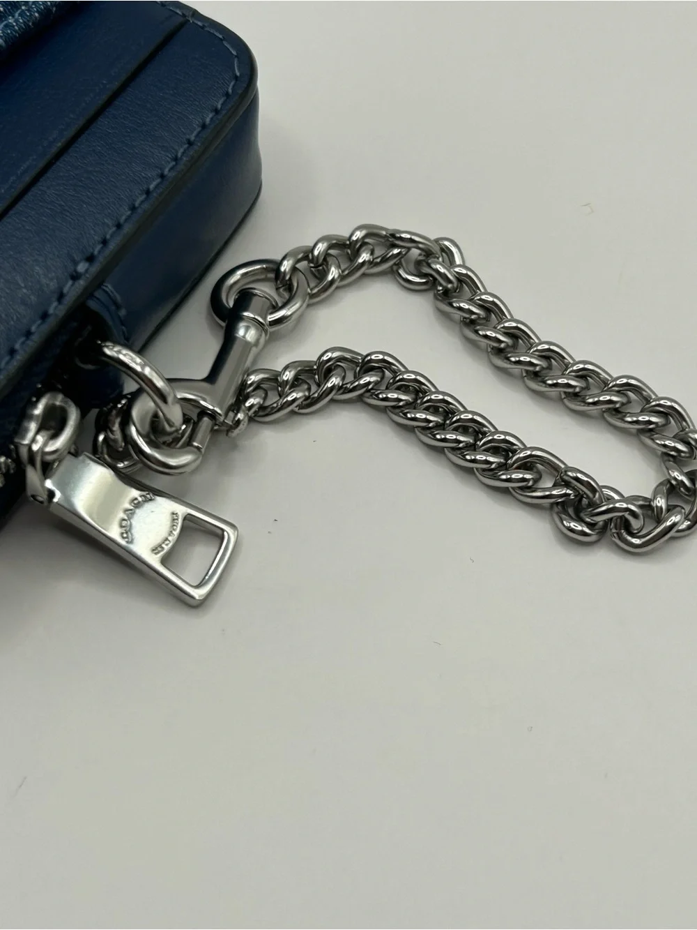 Coach Quilted Denim Card Holder with Silver Chain - Blue